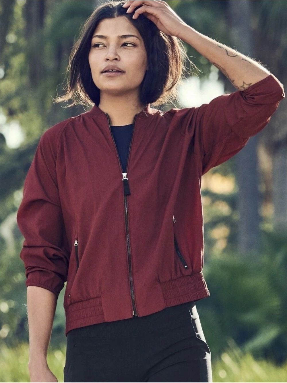 Athleta Rust Zip-Front Bomber Jacket